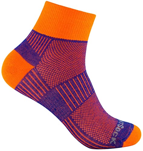 Wrightsock Profi Sportsocke, Laufsocke Modell Coolmesh II in orange-royal gemustert, Anti-Blasen-System, doppel-lagig, Quarter mittellang, Gr. M von Wrightsock