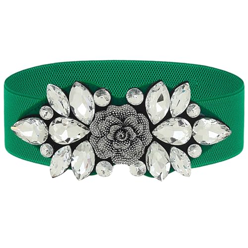 Wriidy Strass Stretch Gürtel Breit Dressy Gürtel Plus Größe Frauen Blume Elastische Gürtel Fancy Dress Taille Zubehör für Mädchen, Grün , M von Wriidy