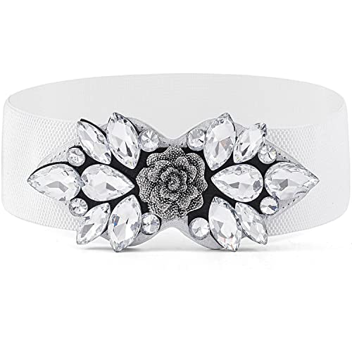 Wriidy Strass Stretch Gürtel Breit Dressy Gürtel Plus Größe Frauen Blume Elastische Gürtel Fancy Dress Taille Zubehör für Mädchen, Weiss/opulenter Garten, L von Wriidy