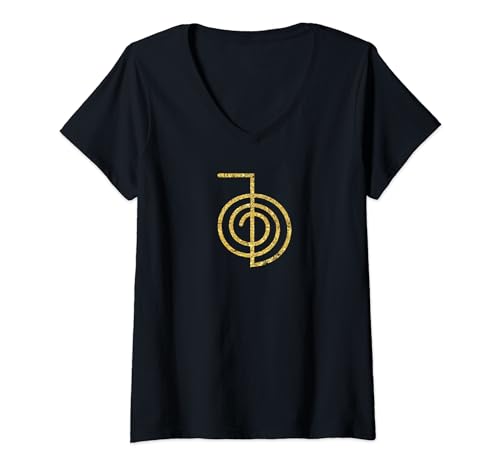 Damen Reiki T-Shirt Reiki Power Symbol Choku Rei Shirt Goldfarben T-Shirt mit V-Ausschnitt von Wrinkled Hippie