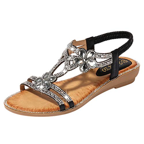 Writtian Damen Sommer Sandalen Bequeme Strandsandalen Elegante Bohemian Strass Flach Sandaletten Strand Schöne Sommersandalen Silber Gold Schwarz Pink Gr 36-42 von Writtian