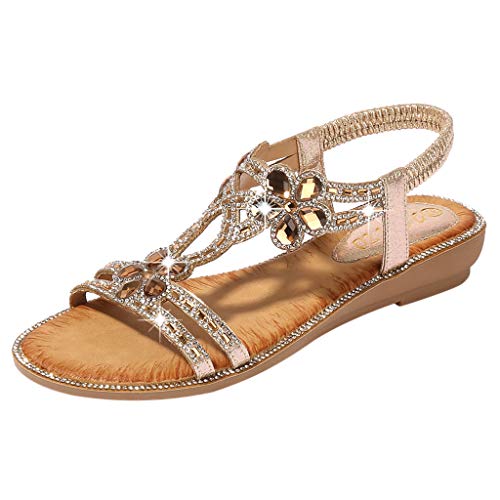 Writtian Damen Sommer Sandalen Bequeme Strandsandalen Elegante Bohemian Strass Flach Sandaletten Strand Schöne Sommersandalen Silber Gold Schwarz Pink Gr 36-42 von Writtian