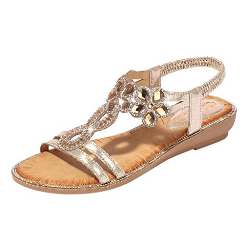 Writtian Damen Sommer Sandalen Bequeme Strandsandalen Elegante Bohemian Strass Flach Sandaletten Strand Schöne Sommersandalen Silber Gold Schwarz Pink Gr 36-42 von Writtian