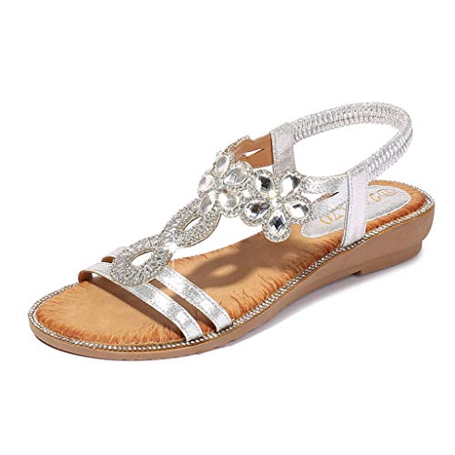 Writtian Damen Sommer Sandalen Bequeme Strandsandalen Elegante Bohemian Strass Flach Sandaletten Strand Schöne Sommersandalen Silber Gold Schwarz Pink Gr 36-42 von Writtian