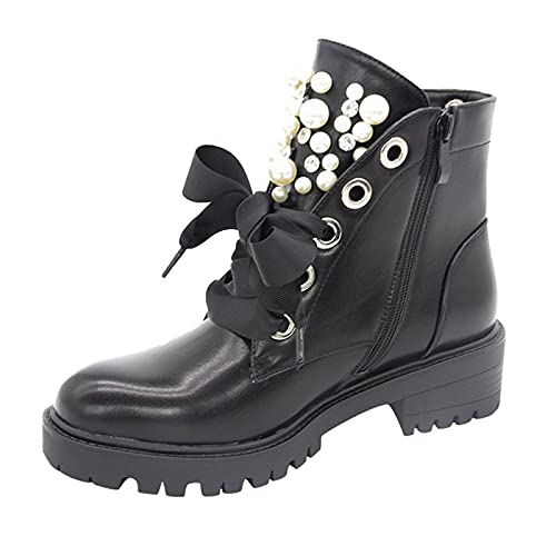 Writtian Stiefel Damen Flach Warme Gefüttert Schnürstiefel Wasserdicht Rutschfeste Stiefeletten mit Perle Elegant Mode Winterschuhe Kniehohe Stiefel Schnürstiefel Flach Boots Schwarz von Writtian