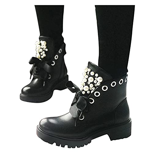 Writtian Stiefel Damen Flach Warme Gefüttert Schnürstiefel Wasserdicht Rutschfeste Stiefeletten mit Perle Elegant Mode Winterschuhe Kniehohe Stiefel Schnürstiefel Flach Boots Schwarz von Writtian