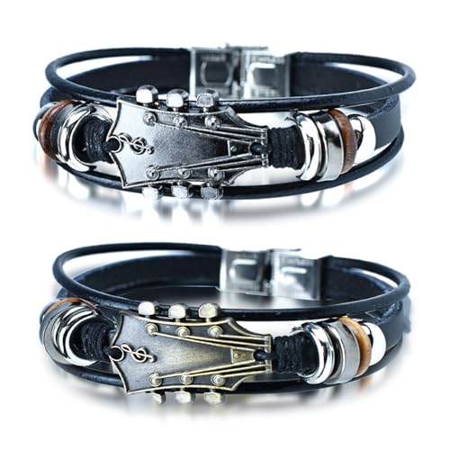 2 Stück Retro Kunstleder Gitarrenarmband, 2025 neue Zinklegierung Rock Musik Gitarre Echtes Lederarmband, Gitarre Form dekorative Manschette Armband Punk Musical Enthusiast Geschenk (2PCS-A) von Wryhaul