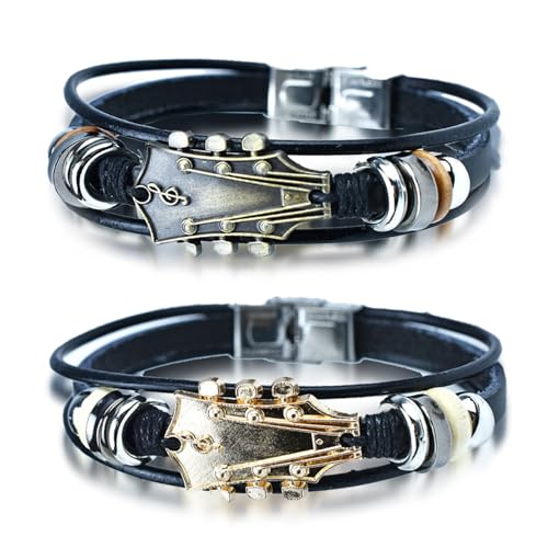 2 Stück Retro Kunstleder Gitarrenarmband, 2025 neue Zinklegierung Rock Musik Gitarre Echtes Lederarmband, Gitarre Form dekorative Manschette Armband Punk Musical Enthusiast Geschenk (2PCS-B) von Wryhaul