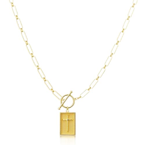 Wryhaul Getoverfinish Kreuz Anhänger Büroklammer Kette Halskette, 14k Gold & Silber plattiert Kreuz Anhänger Halskette, Zierlich Toggle Clasp Rechteck Kreuz Charme Halskette Büroklammer Kette (Gold) von Wryhaul