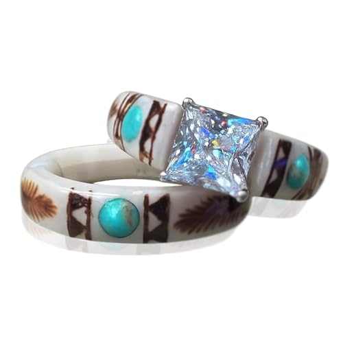 Wryhaul Handgeschnitzter Geweihring für Frauen, Boho Türkis Federring Set, einzigartige Designs (A,US-6) von Wryhaul
