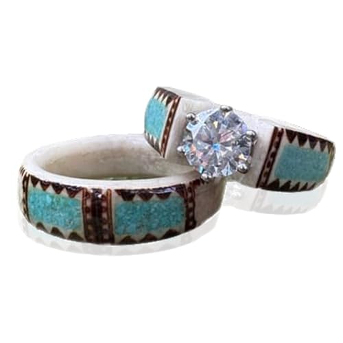 Wryhaul Handgeschnitzter Geweihring für Frauen, Boho Türkis Federring Set, einzigartige Designs (B,US-9) von Wryhaul