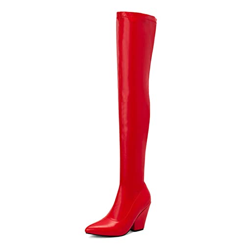 9,5 cm Overknee Elastische Stiefel Spitzschuh Seitlicher Reißverschluss Chunky High Heels Sexy Alltagsmode Damenstiefel Große Größe,Rot,40 EU von Wsbjbo