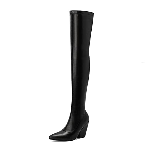 9,5 cm Overknee Elastische Stiefel Spitzschuh Seitlicher Reißverschluss Chunky High Heels Sexy Alltagsmode Damenstiefel Große Größe,Schwarz,48 EU von Wsbjbo