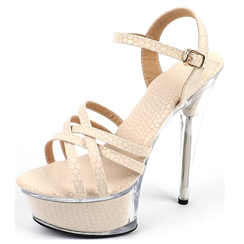 Damen Transparent Cross Strap High Heel Sandaletten Plattform Stiletto Sexy 14CM/5.5IN Mädchen Party Club Schuhe,Beige,36 EU von Wsbjbo