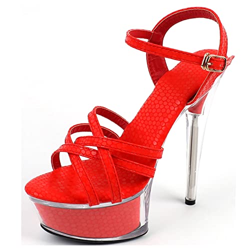 Damen Transparent Cross Strap High Heel Sandaletten Plattform Stiletto Sexy 14CM/5.5IN Mädchen Party Club Schuhe,Rot,39 EU von Wsbjbo