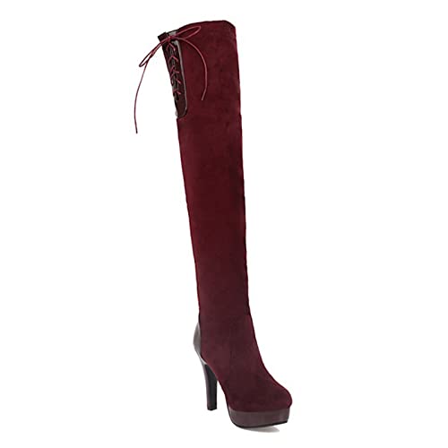 Frauen 4.7 Herbst und Winter weinrote Overknee-Stiefel wasserdichte Plattform Stiletto Schuhe Mode Laufsteg elastische Stiefel,Rotwein,41 EU von Wsbjbo