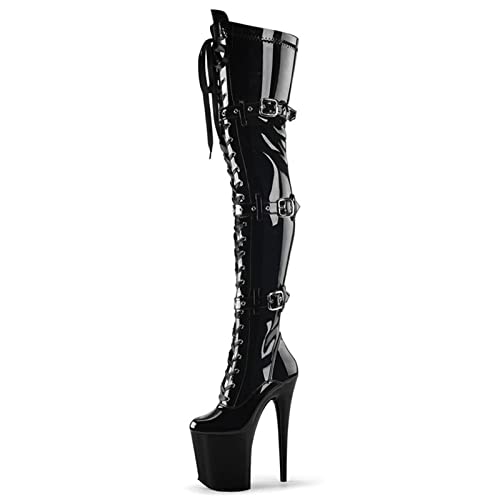 Wsbjbo 20CM Gürtelschnalle Overknee Stiefel Dicke Sohle Front Spitze Seitlicher Reißverschluss Stilettos Sexy Nachtclub Striptease Damenstiefel,Schwarz,40 EU von Wsbjbo