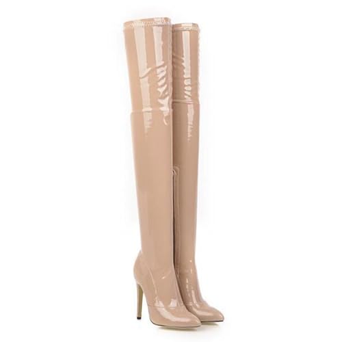 Wsbjbo 4,5-Zoll-Overknee-Stiefel Für Damen, Spitze Zehenpartie, Stiletto-Absatz, Seitlicher Halber Reißverschluss, Modebühne, Laufsteg, High-Heel-Stiefel,Apricot,45 EU von Wsbjbo