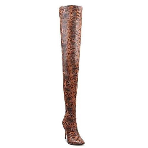 Wsbjbo 4,7-Zoll-Overknee-Stiefel Für Damen Mit Spitzer Zehenpartie, Stiletto-Absatz, Seitlicher Halber Reißverschluss, Modische High-Heel-Stiefel Mit Schlangenmuster,Orange,40 EU von Wsbjbo