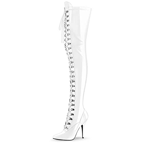 Wsbjbo Damen 12CM Overknee-Stiefel vorne Kreuzriemen Innenreißverschluss Spitzschuh Stiletto Hohe Stiefel Sexy Nachtclubschuhe Große Größe,Weiß,45 EU von Wsbjbo