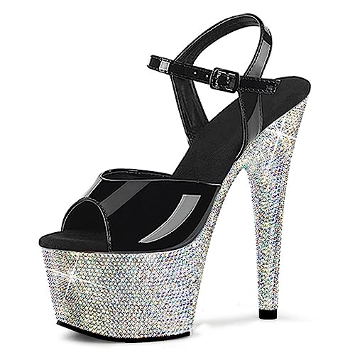 Wsbjbo Damen 6,6 Zoll Glänzende Strass-Spiegel-Plateau-Stiletto-Sandalen Mit Hohen Absätzen, Sexy Pole-Dance-Nachtclub-Laufsteg-Schuhe,Schwarz,36 EU von Wsbjbo