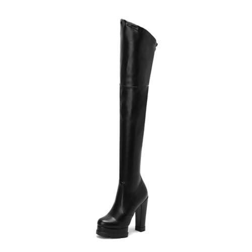 Wsbjbo Damen-Overknee-Stiefel, 5,1 Zoll, Runde Spitze, Dicker Absatz, Dicke Sohle, Seitlicher Halber Reißverschluss, Modische High-Heel-Stiefel, Schwarz, Rot,Schwarz,43 EU von Wsbjbo