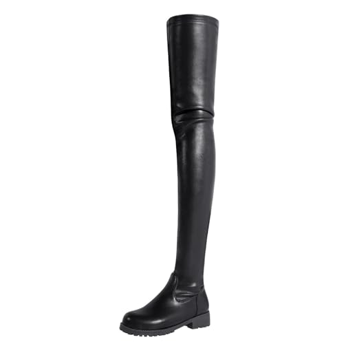 Wsbjbo Damen-Overknee-Stiefel Mit Niedrigem Absatz, 1,3 Zoll, Runder Zehenbereich, Seitlicher Halber Reißverschluss, Schwarz-Rote Modestiefel,Schwarz,46 EU von Wsbjbo