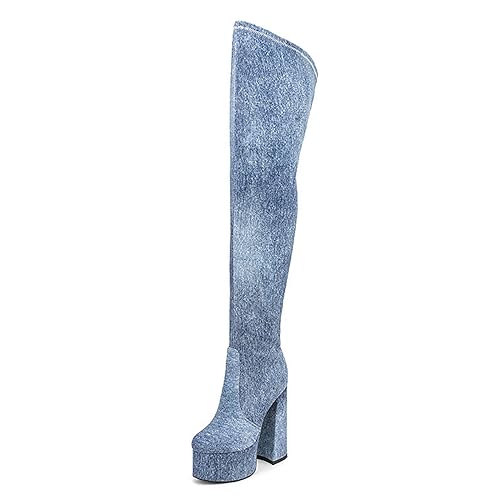 Wsbjbo Damen-Overknee-Stiefel Mit Plateausohle, Runder Spitze, Blockabsatz, Seitlicher Reißverschluss, Hoher Absatz, Stretch-Stiefel,Blau,46 EU von Wsbjbo