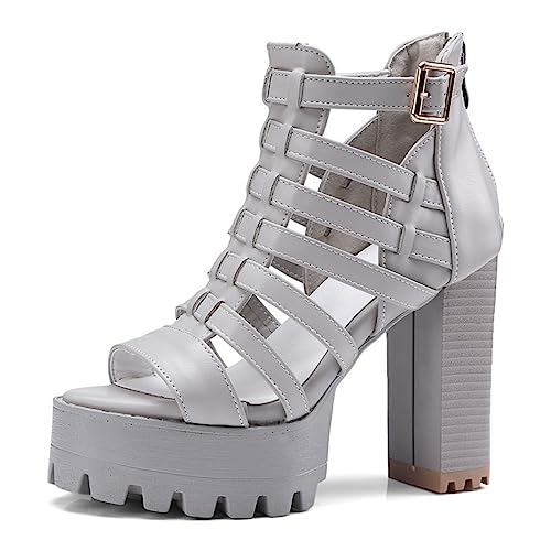 Wsbjbo Damen-Sandalen Mit 11,5 cm Dickem Absatz, Plateau-Wickelabsatz, Hinterer Reißverschluss, Fischmaul-High-Heels, Sexy Laufsteg-Schuhe,Grau,37 EU von Wsbjbo