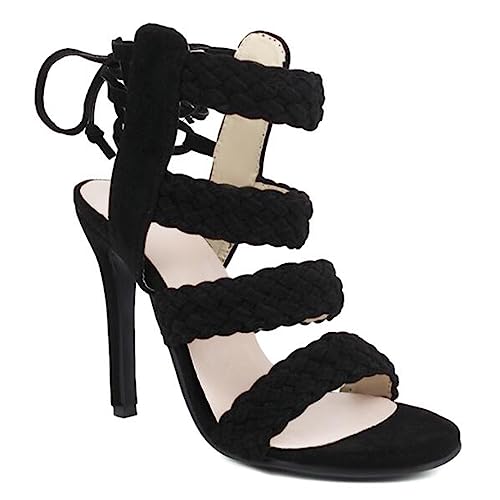 Wsbjbo Damen-Sandalen Mit 4,3-Zoll-Sommer-Reißverschluss Hinten, Gewebtes Wildleder, Stiletto-Absatz, Geschlossener Absatz, Offene Spitze, Hohe Absätze, Große Größe,Schwarz,45 EU von Wsbjbo