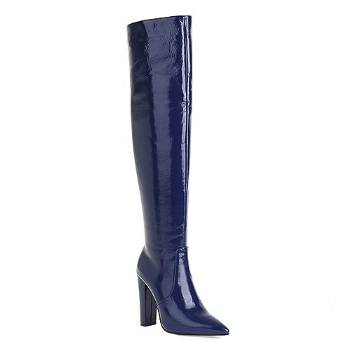 Wsbjbo Overknee-Stiefel mit hohem Absatz und klobigem Absatz für Damen, spitzer Zehenbereich, seitlicher halber Reißverschluss, Bühnenaufführung, Lackleder, 4,3-Zoll-Stiefel,Blau,43 EU von Wsbjbo