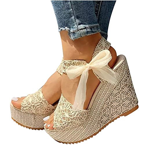 Wszbdoh Damen Bandage Bow Keilabsatz Sandalen Elegant Sommer Wedges Damen Schuhe SchnüRsandalen High Heels Plateau Sandaletten Schwarz Weiß Beige(Beige,40) von Wszbdoh