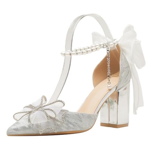 Wtharosa Brautschuhe Damen Komfort Blockabsatz Spitze Zehe Hochzeitsschuhe Für Empfang Und Party Atmungsweiche Innenfutter rutschfeste Sohle,Silber,38 EU von Wtharosa