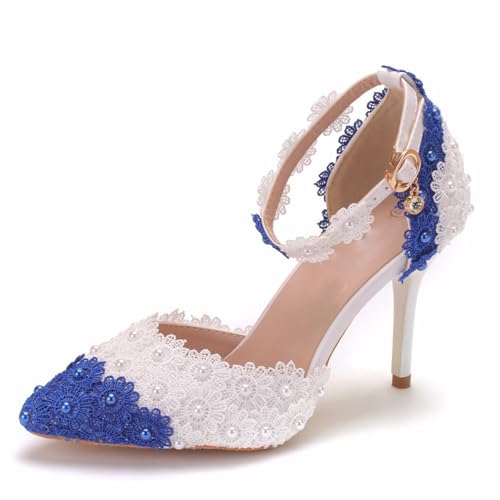 Wtharosa Brautschuhe Hochhackig Damen Weiß Und Königsblau Spitze Knöchelriemen Für Braut Party Empfang Ball Abendliche Formelle Anlässe Bequem Elegant,Weiß,34 EU von Wtharosa