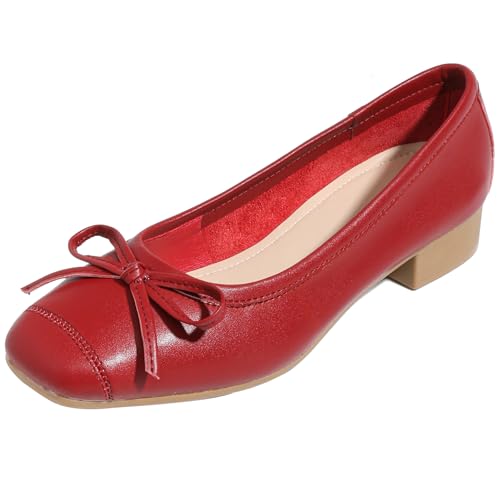 Wtharosa Damen Ballerinas Klassisch Schleifendetail Niedriger Blockabsatz Bequemer Büro Hochzeit Pendeln Schuhe Beige Rot Schwarz,Burgundy,35 EU von Wtharosa