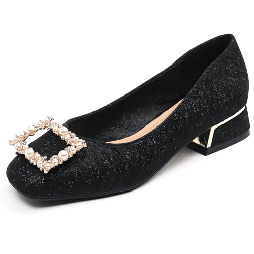Wtharosa Damen Ballerinas Perlen Verziert Bequeme Niedriger Blockabsatz Hochzeitsgast Büro Arbeit Pendeln Schuhe Schwarz Beige,Schwarz,40 EU von Wtharosa