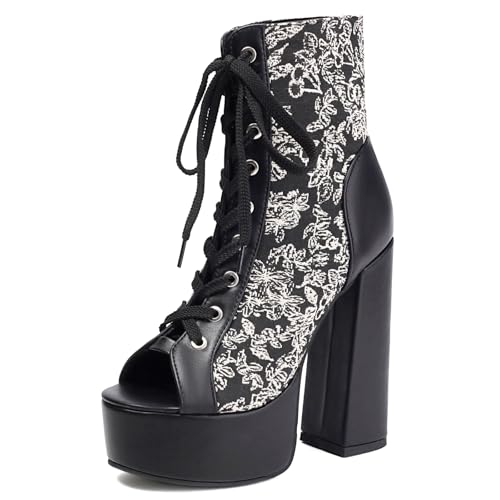 Wtharosa Damen Blumenmuster Plateau Stiefeletten Peep Toe Schnürung Blockabsatz Dicke Sohle Tanzen Club Party Nachtleben Täglicher Tragen Schwarz Weiß,Schwarz,35 EU von Wtharosa