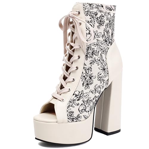 Wtharosa Damen Blumenmuster Plateau Stiefeletten Peep Toe Schnürung Blockabsatz Dicke Sohle Tanzen Club Party Nachtleben Täglicher Tragen Schwarz Weiß,Weiß,41 EU Wtharosa Damen Blumenmuster Plateau Stiefeletten Peep Toe Schnürung Blockabsatz Dicke Sohle Tanzen Club Party Nachtleben Täglicher Tragen Schwarz Weiß,Weiß,41 EU von Wtharosa