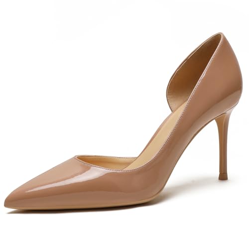 Wtharosa Damen Brautschuhe Hoher Stiletto Absatz D'Orsay Spitz Zehen Court Schuhe Für Cocktailparty Und Abendbankett Glänzendes Lackleder Weiches Futter,Nude8cm,40 EU von Wtharosa