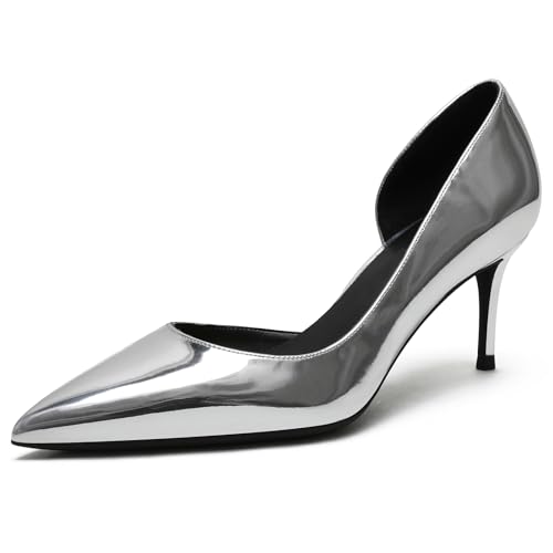 Wtharosa Damen Brautschuhe Hoher Stiletto Absatz D'Orsay Spitz Zehen Court Schuhe Für Cocktailparty Und Abendbankett Glänzendes Lackleder Weiches Futter,Silver10cm,40 EU von Wtharosa