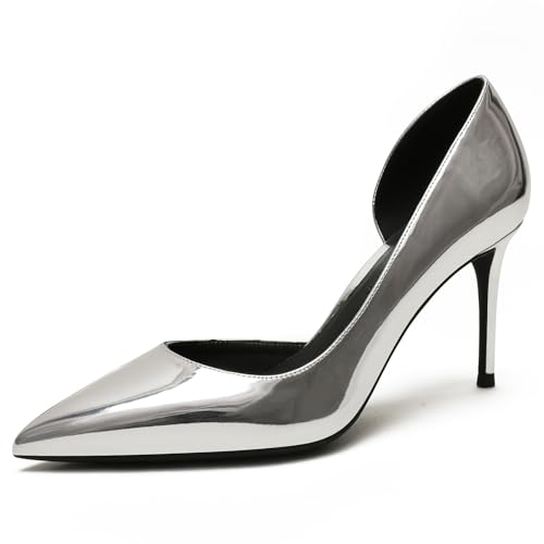 Wtharosa Damen Brautschuhe Hoher Stiletto Absatz D'Orsay Spitz Zehen Court Schuhe Für Cocktailparty Und Abendbankett Glänzendes Lackleder Weiches Futter,Silver8cm,38 EU von Wtharosa