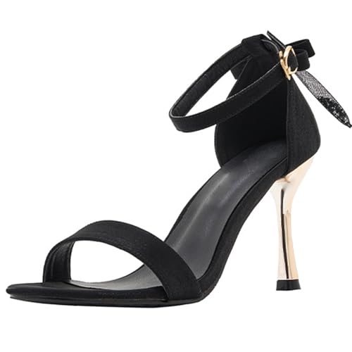 Wtharosa Damen Elegante Sandalen Mit Knöchelriemen Schwarzer Wildleder Goldener Metallabsatz Schleifen Detail Bequeme Hochzeit Party Abendkleid Schuhe,Schwarz,41 EU von Wtharosa