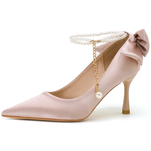 Wtharosa Damen Elegante Satin Stiletto Pumps Mit Perlen Knöchelriemen Schleifen Detail Spitze Zehe Für Hochzeit Party Abendkleid Schuhe Rosa Weiß,Blush pink (Heel:7cm),43 EU von Wtharosa