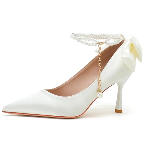 Wtharosa Damen Elegante Satin Stiletto Pumps Mit Perlen Knöchelriemen Schleifen Detail Spitze Zehe Für Hochzeit Party Abendkleid Schuhe Rosa Weiß,White(Heel:7cm),38 EU von Wtharosa