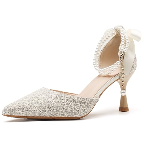 Wtharosa Damen Elegante Spitze Hochzeitspumps Mit Perlen Knöchelriemen Spitze Zehen Elfenbein Weiß Brautschuhe Für Hochzeitsfeiern Und Feste,Champagne,43 EU von Wtharosa
