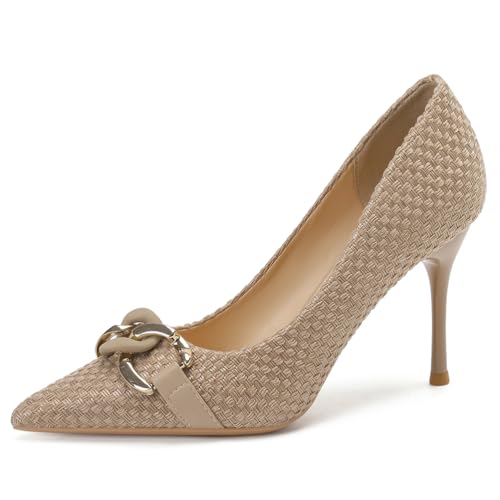 Wtharosa Damen Gewebt Pumps Gold Schnalle Detail Stiletto Absätze Spitze Zehen Elegant Abend Party Schuhe Für Hochzeit Und Gala,Apricot(Heel:6cm),42 EU von Wtharosa