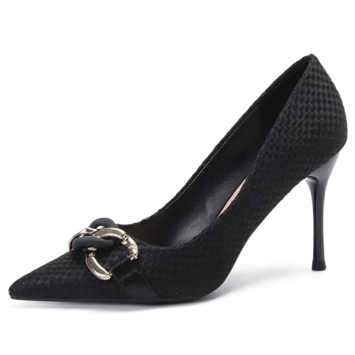 Wtharosa Damen Gewebt Pumps Gold Schnalle Detail Stiletto Absätze Spitze Zehen Elegant Abend Party Schuhe Für Hochzeit Und Gala,Black(Heel:6cm),39 EU von Wtharosa