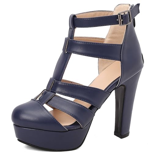 Wtharosa Damen Gladiator Plateform Pumps Riemchen Design Dicker Blockabsatz Knöchelverschluss Abendschuhe Party Hochzeit Sommer Bequem Einfach Anzuziehen,Blau,48 EU von Wtharosa
