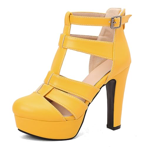 Wtharosa Damen Gladiator Plateform Pumps Riemchen Design Dicker Blockabsatz Knöchelverschluss Abendschuhe Party Hochzeit Sommer Bequem Einfach Anzuziehen,Gelb,37 EU von Wtharosa