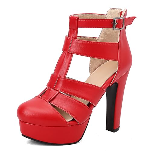 Wtharosa Damen Gladiator Plateform Pumps Riemchen Design Dicker Blockabsatz Knöchelverschluss Abendschuhe Party Hochzeit Sommer Bequem Einfach Anzuziehen,Rot,35 EU von Wtharosa
